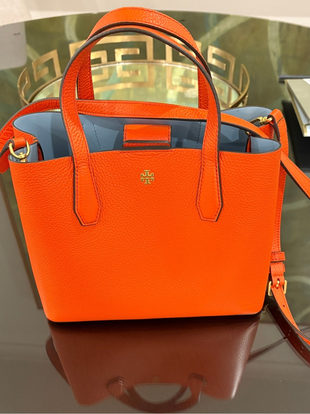Tory Burch Orange Purse Crossbody Top Handle Pebbled Leather